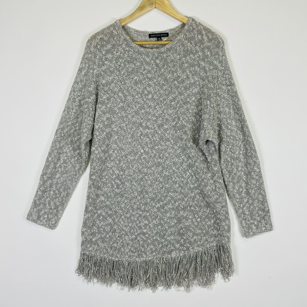 Saks Fifth Avenue Sweater Tunic Womens Medium Grey Marled Fringe Boho Coastal